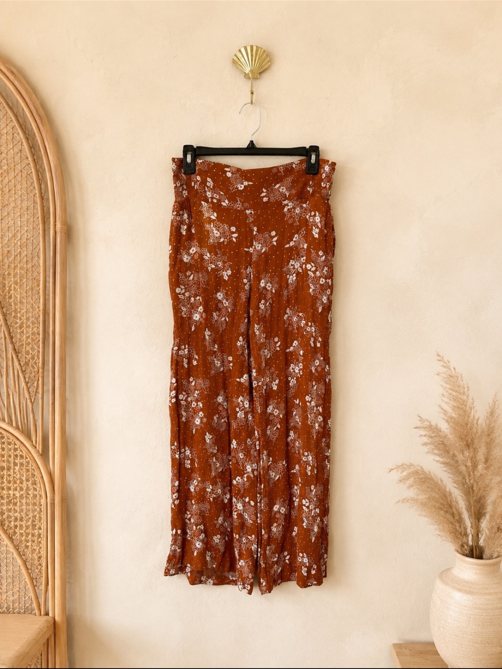 Three Dots Rust Floral Wide-Leg Boho Trousers Size L Autumn Style